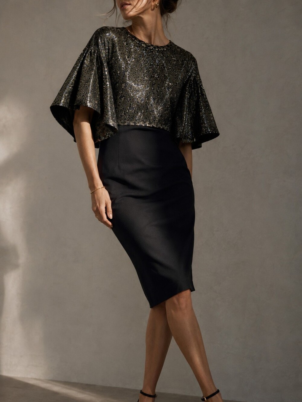 AUDRA Black Green Metallic Leopard Fan Sleeve Cocktail Dress Womens Size 10